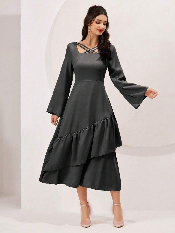 CM-DS166556 Women Elegant Seoul Style V-Neck Bell Sleeve Ruffle Hem A-Line Dress - Black