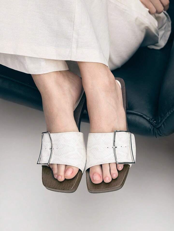 CM-SHS493873 Women Trendy Seoul Style Wooden Slip-On With Large Buckle PU Wedge Sandals - White