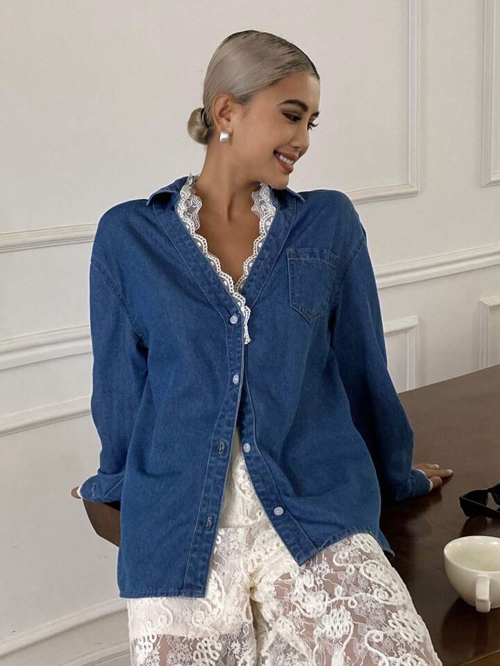 CM-TS166673 Women Casual Seoul Style Lace Trim Collar And Cuffs Drop Shoulder Long Sleeve Denim Top - Blue