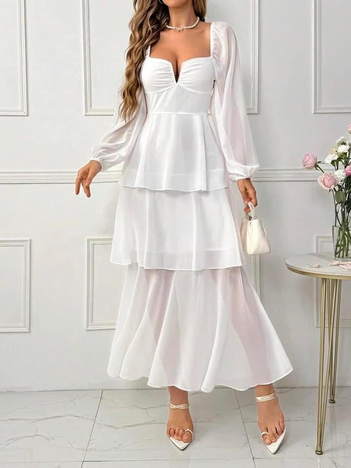 CM-DS422360 Women Elegant Seoul Style Ruffle Hem Mesh Splicing Lantern Sleeve Dress - White