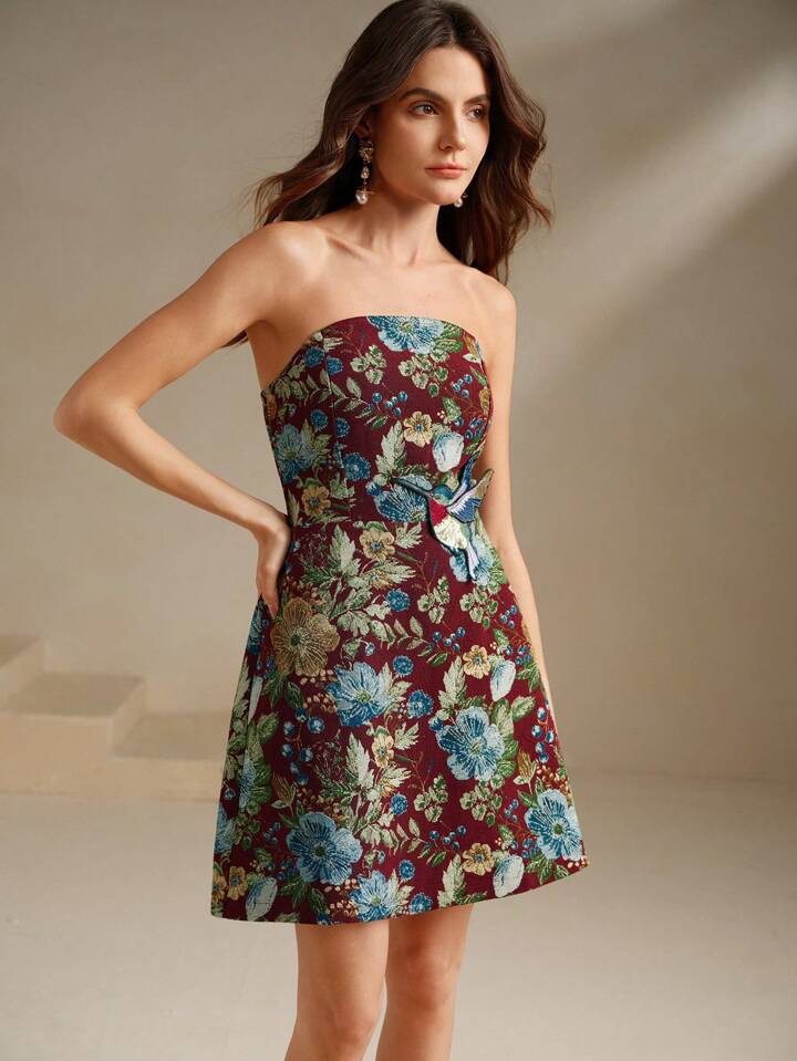 CM-DS655101 Women Trendy Bohemian Style Strapless Jacquard Embroidered Floral Mid-Length Dress