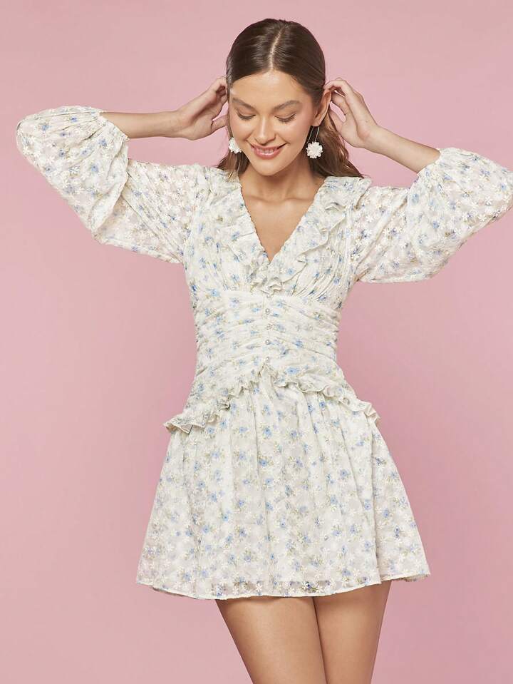 CM-DS666818 Women Trendy Bohemian Style Floral Print Spliced Lantern Sleeve Short Dress