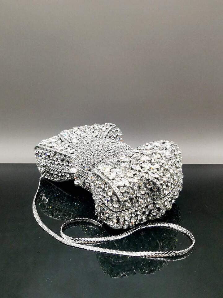 CM-BGS200126 Women Trendy Seoul Style Handmade Rhinestone Embellished Bow Clutch Purse - Silver