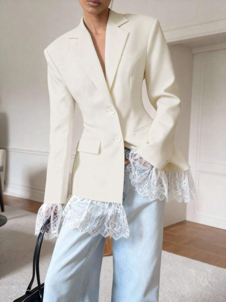 CM-CS088473 Women Elegant Seoul Style Solid Color Pocket Lace Patchwork Button Waist Blazer Jacket - Apricot