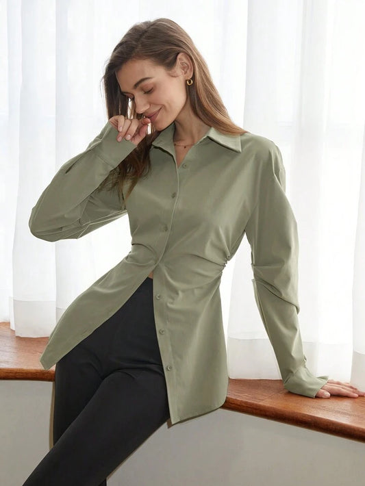 CM-TS606293 Women Casual Seoul Style Drop Shoulder Arc Hem Ruched Detail Shirt - Army Green