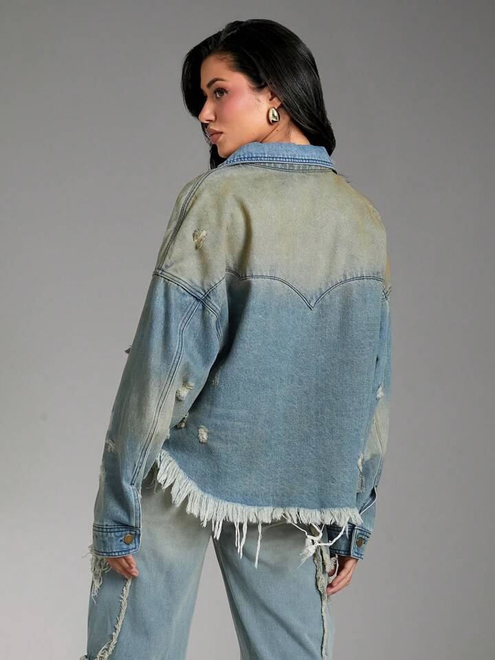 CM-CS982285 Women Casual Seoul Style Medium Wash Collar Neckline Long Sleeve Tinted Ripped Denim Jacket