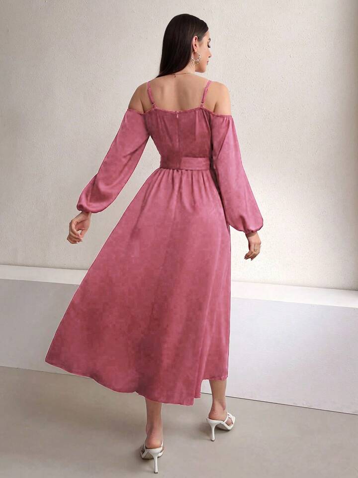 CM-DS948731 Women Casual Seoul Style Off-Shoulder Long Sleeve A-Line Dress With Belt - Pink