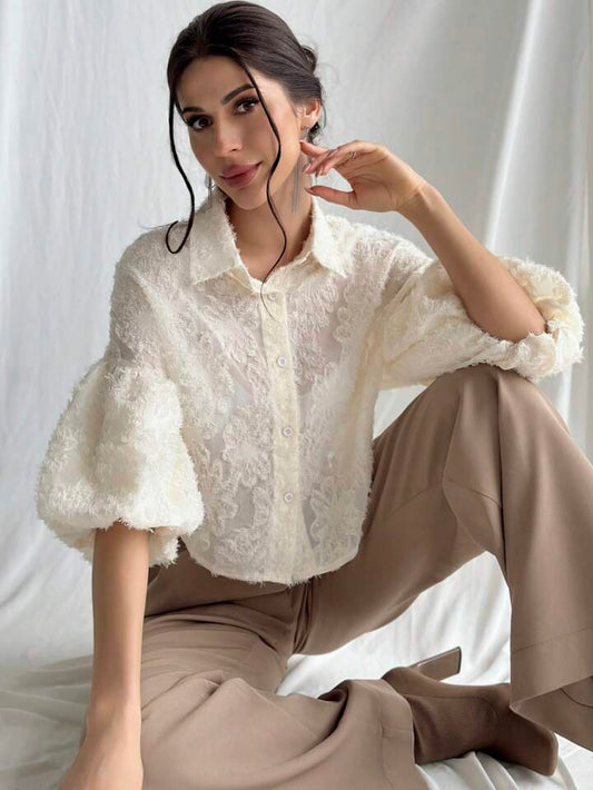 CM-TS123261 Women Elegant Seoul Style Cut-Out Floral Design Short Sleeve Shirt - Apricot