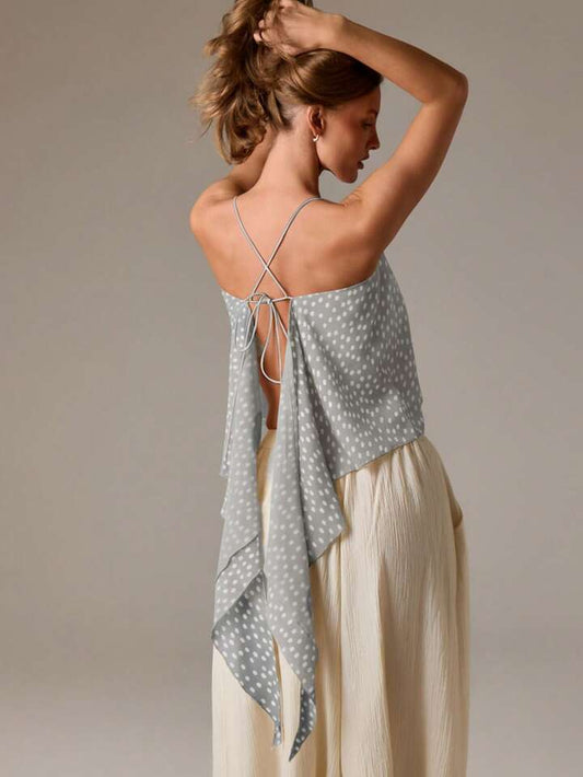 CM-TS322221 Women Casual Seoul Style Sheer Polka Dot Halter Back Tie Detail Sleeveless Blouse - Gray