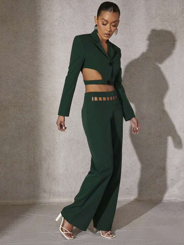 CM-BS919322 Women Elegant Seoul Style Grid Cut Out Waist Wide Leg Pants - Green