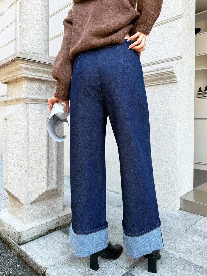 CM-BS937508 Women Casual Seoul Style Dark Wash Fleece Cuff Mid Waist Straight Leg Loose Jeans