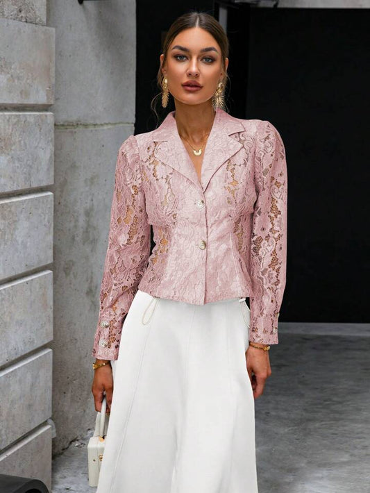 CM-TS471795 Women Elegant Seoul Style Lace Lapel Collar Long Sleeve Shirt - Pink