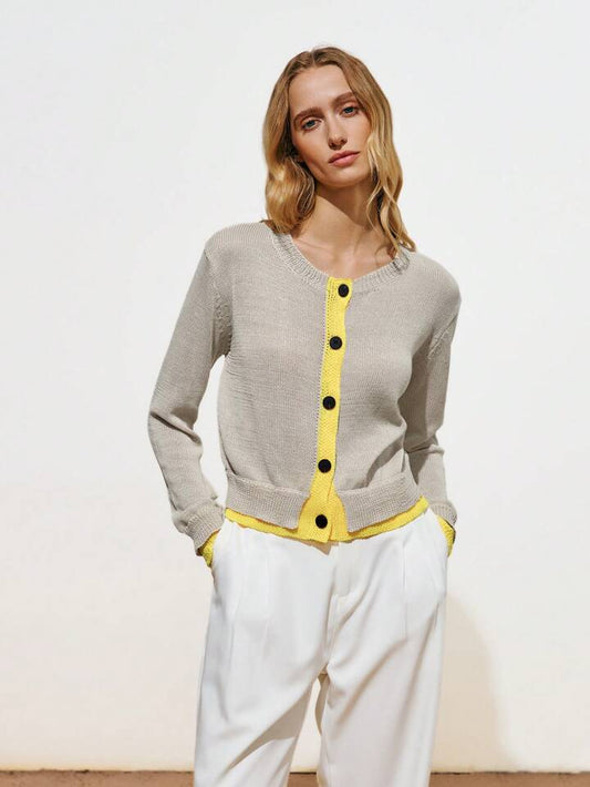 CM-CS506612 Women Casual Seoul Style Multi-Color Round Neck Faux Two-Piece Cardigan Sweater