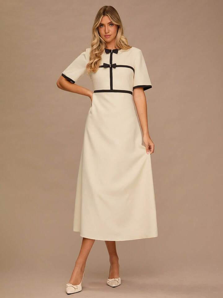 CM-DS063033 Women Elegant Seoul Style Bow Decor Round Neck Short Sleeve Long Dress - Apricot