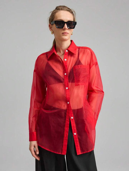 CM-TS755066 Women Elegant Seoul Style Shirt Collar Sheer Long Sleeve Oversized Blouse - Red