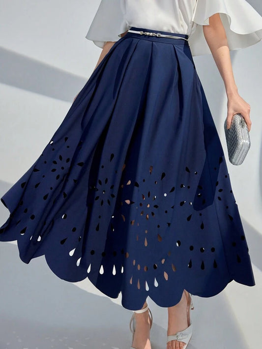 CM-BS662426 Women Elegant Seoul Style Solid Color Hollow Out Fashion Midi Skirt - Navy Blue