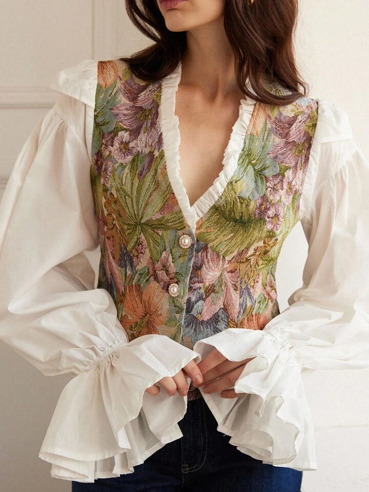 CM-TS413203 Women Casual Seoul Style Jacquard Patchwork Faux Tencel Contrast Collar Ruffle Bubble Long Sleeve Blouse