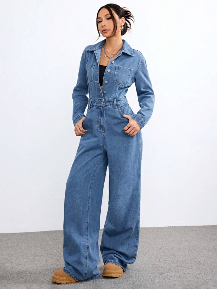CM-JS684434 Women Casual Seoul Style Light Washed Long Sleeve High Waist Denim Jumpsuit