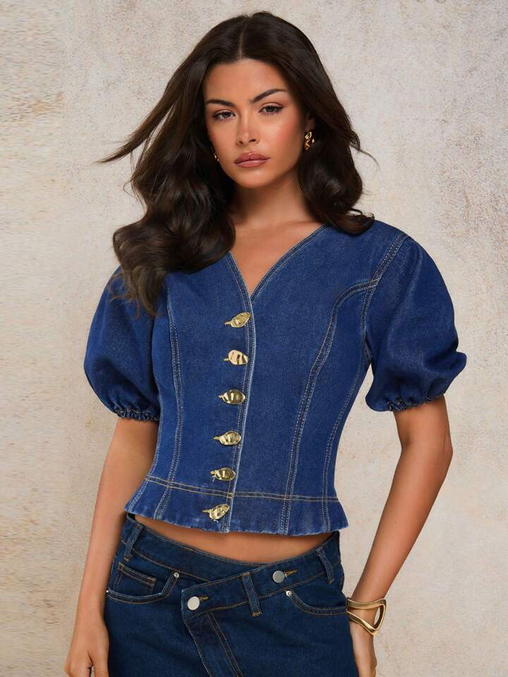CM-TS734061 Women Casual Seoul Style V-Neck Puff Sleeve Metal Button Decor Crop Top - Blue