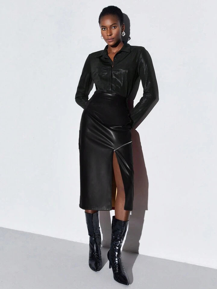 CM-BS066844 Women Elegant Seoul Style High Waist Slit Hem Skinny Skirt - Black