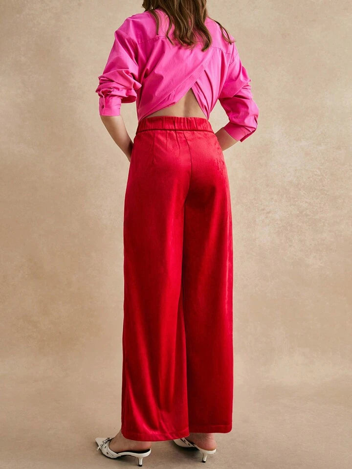 CM-BS143380 Women Elegant Seoul Style Waistband Double Button Velvet Pleated Trousers - Red