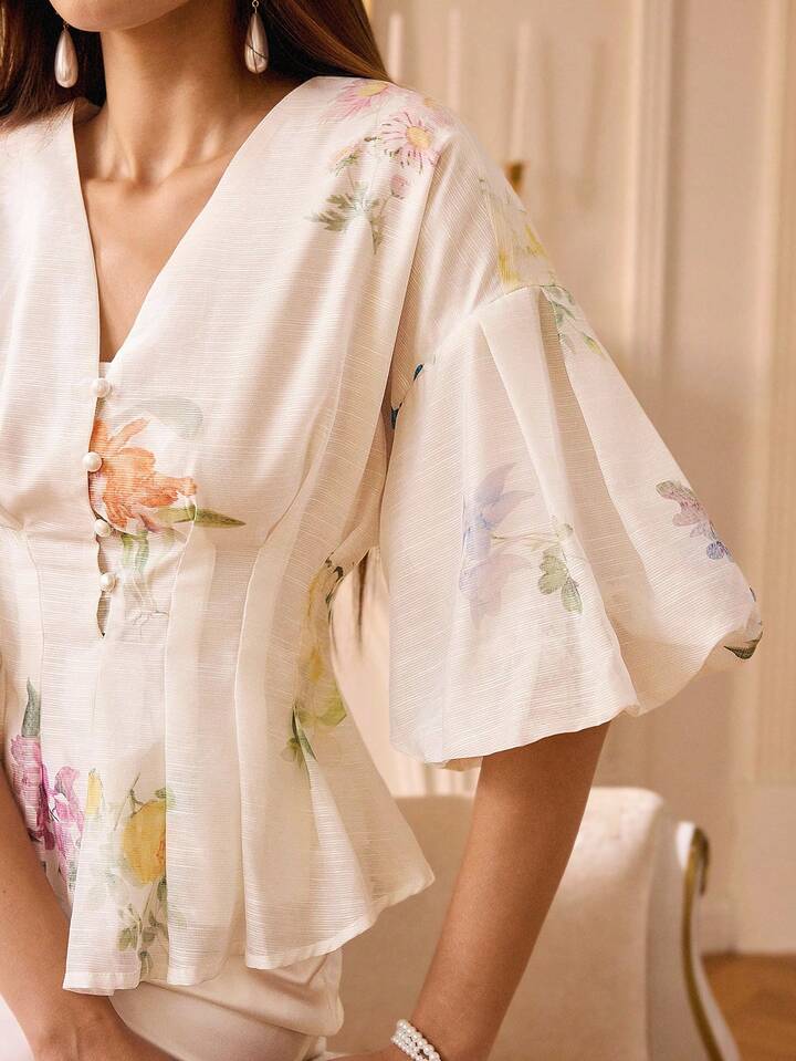CM-TS358830 Women Elegant Seoul Style V-Neck Organza Floral Print Puff Sleeve Blouse - White