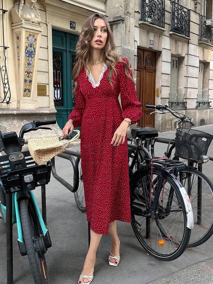 CM-DS239709 Women Casual Seoul Style V-Neck Puff Sleeve Floral Lace Patchwork Polka Dot Dress - Burgundy