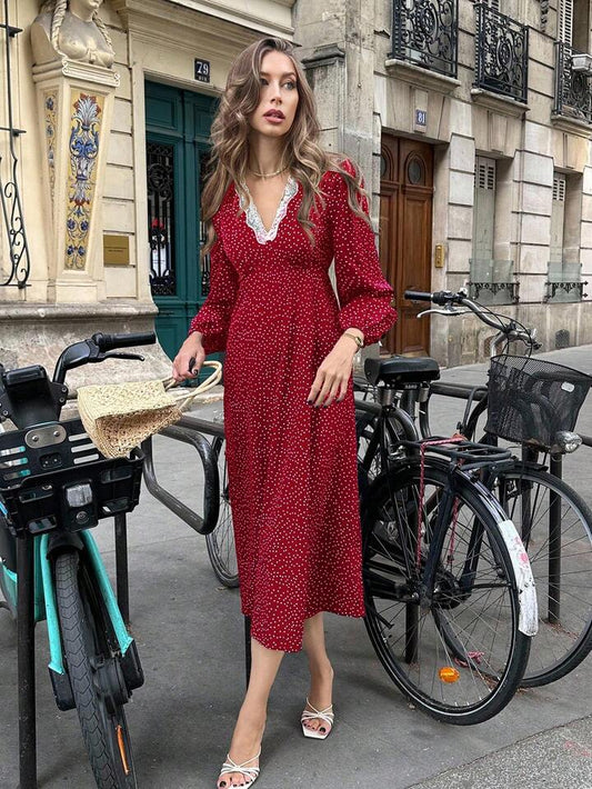 CM-DS239709 Women Casual Seoul Style V-Neck Puff Sleeve Floral Lace Patchwork Polka Dot Dress - Burgundy