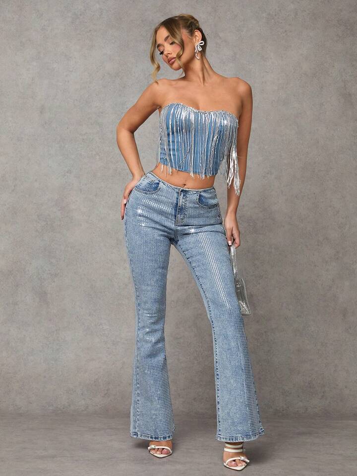 CM-BS633000 Women Casual Seoul Style Medium Wash Skinny Stretchy Flared Denim Jeans