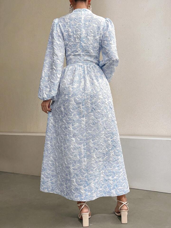 CM-DS096454 Women Casual Seoul Style Stand Collar Faux Pearl Decor Floral Jacquard Long Dress