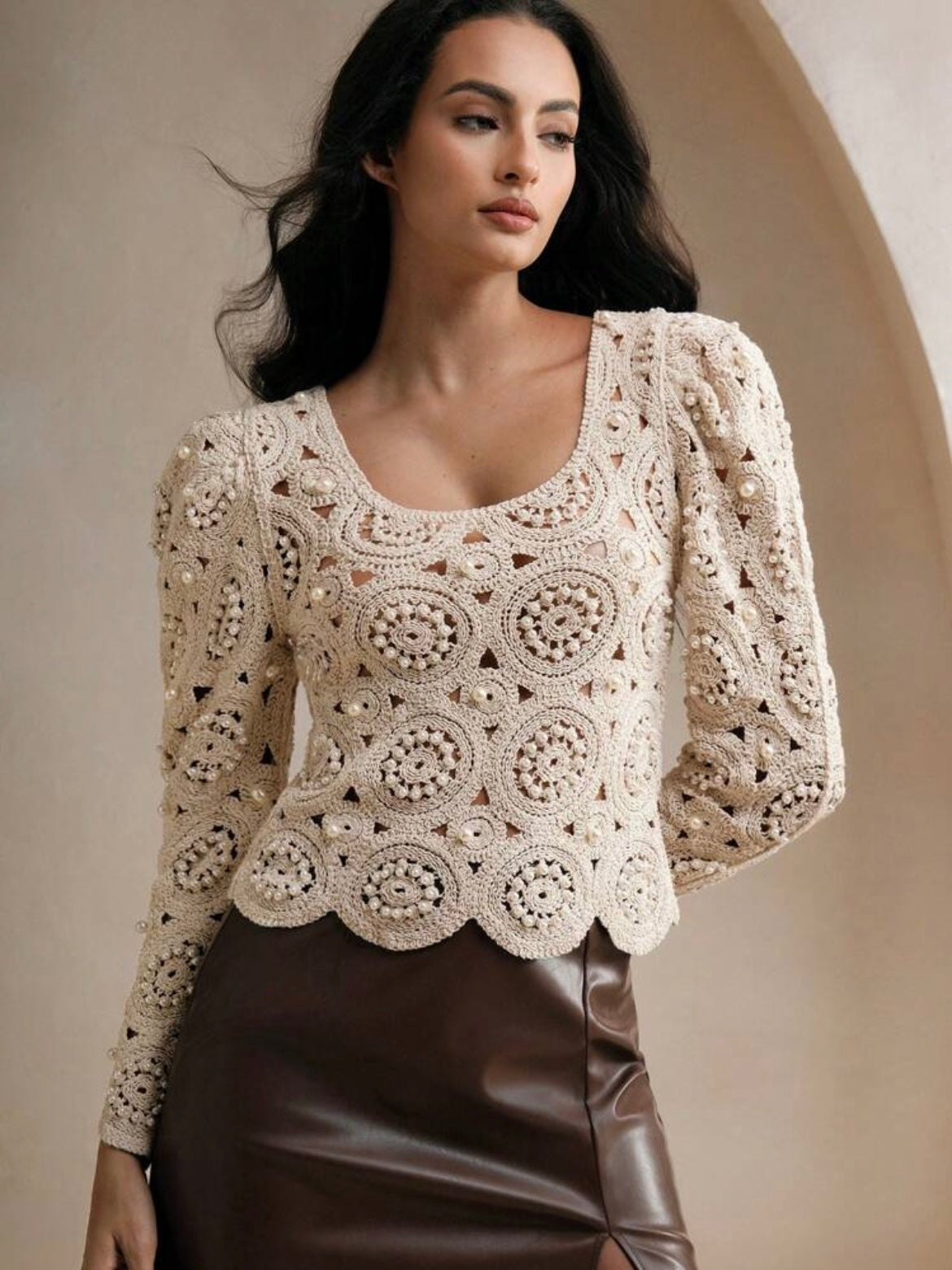 CM-TS061691 Women Elegant Seoul Style Square Neck Hollow Out Lantern Sleeve Blouse - Apricot