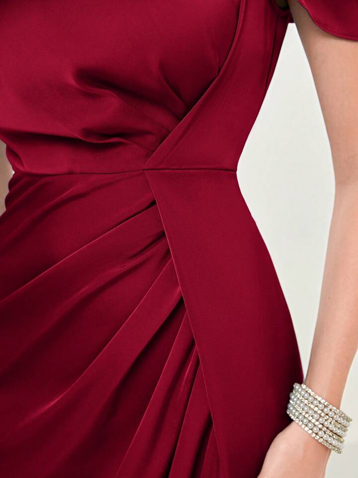 CM-DS660632 Women Elegant Seoul Style Asymmetric Neckline Waist-Cinched Ruffle Hem Dress