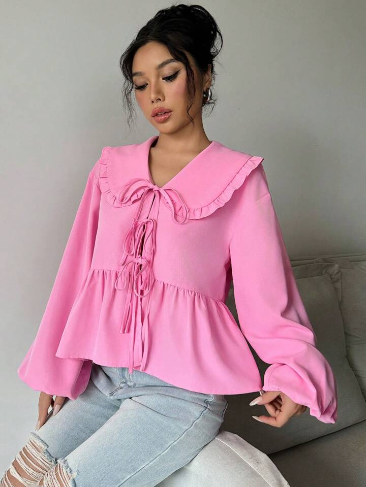 CM-TS126116 Women Trendy Bohemian Style Statement Collar Lantern Sleeve Knot Front Blouse