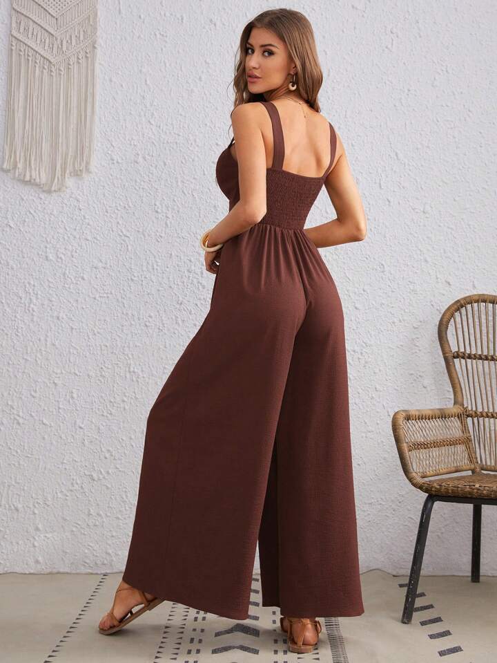 CM-JS761834 Women Trendy Bohemian Style Twist Front Cutout Cami Jumpsuit - Chocolate Brown