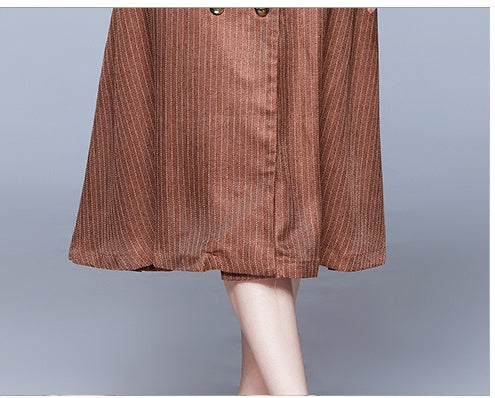 CM-DY028090 Women Retro European Style V-Neck Lantern Sleeve Belted Midi Dress - Brown