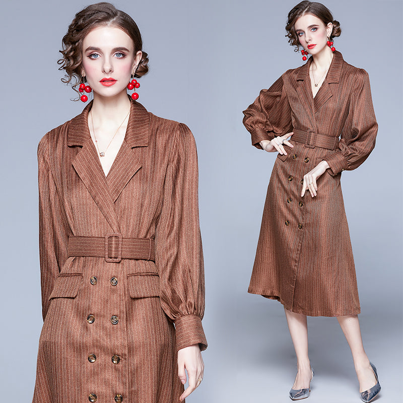 CM-DY028090 Women Retro European Style V-Neck Lantern Sleeve Belted Midi Dress - Brown