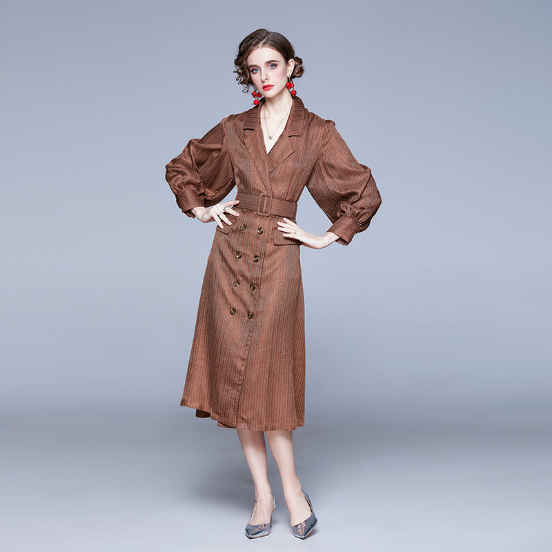 CM-DY028090 Women Retro European Style V-Neck Lantern Sleeve Belted Midi Dress - Brown