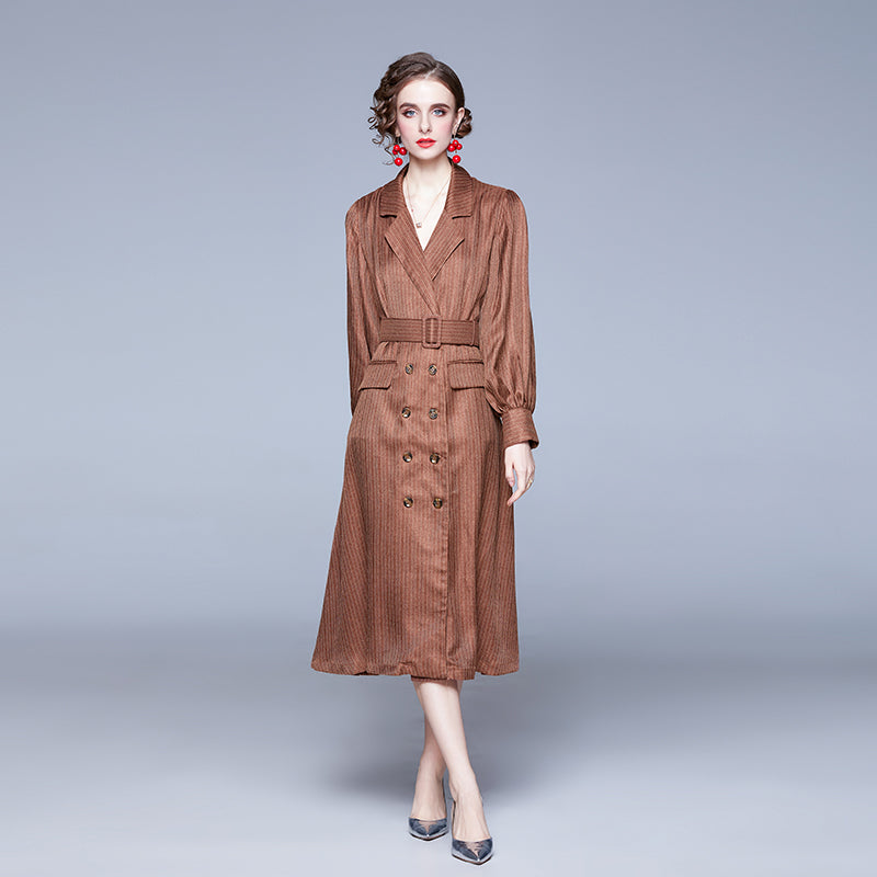 CM-DY028090 Women Retro European Style V-Neck Lantern Sleeve Belted Midi Dress - Brown