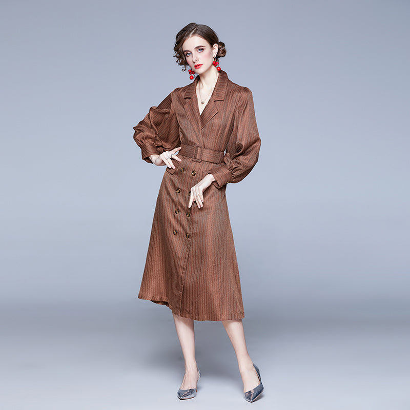 CM-DY028090 Women Retro European Style V-Neck Lantern Sleeve Belted Midi Dress - Brown