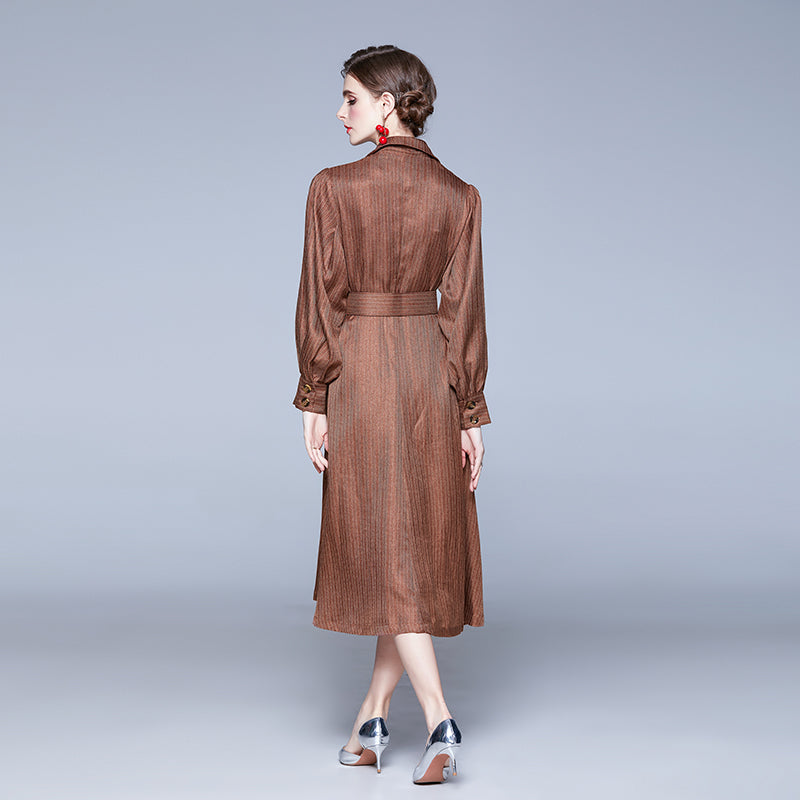CM-DY028090 Women Retro European Style V-Neck Lantern Sleeve Belted Midi Dress - Brown