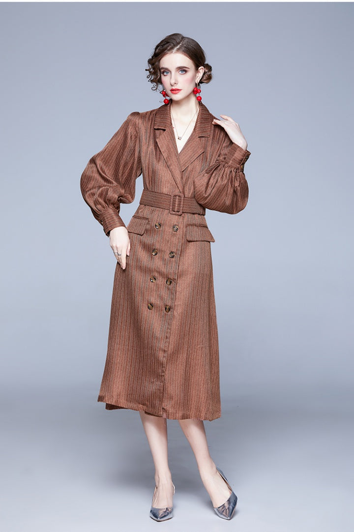 CM-DY028090 Women Retro European Style V-Neck Lantern Sleeve Belted Midi Dress - Brown