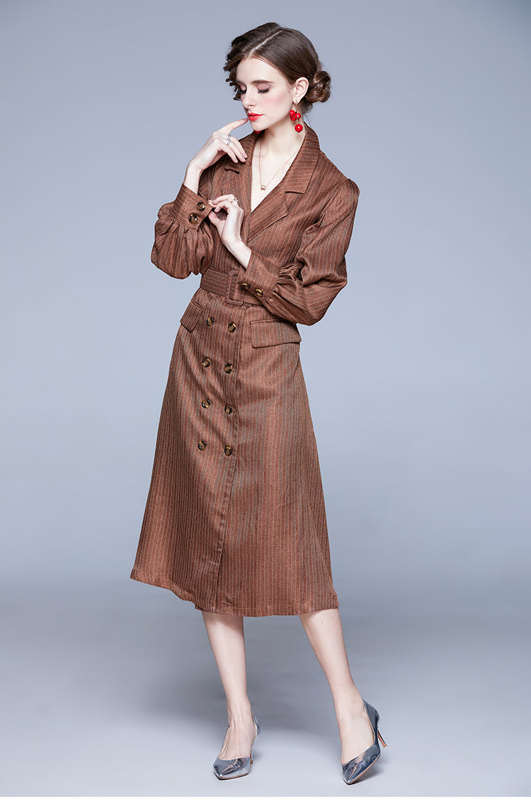 CM-DY028090 Women Retro European Style V-Neck Lantern Sleeve Belted Midi Dress - Brown