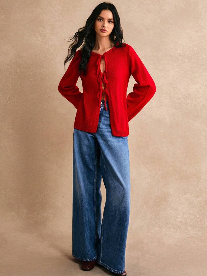 CM-CS933231 Women Casual Seoul Style Solid Color Front Tie Long Sleeve Cardigan - Red