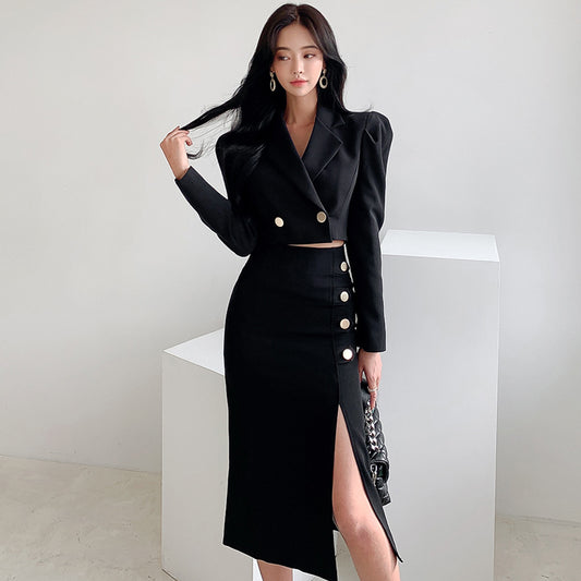 CM-SY034974 Women Elegant Seoul Style Collar Neckline Long Sleeve Crop Jacket Wit Side Slit Skirt - Set