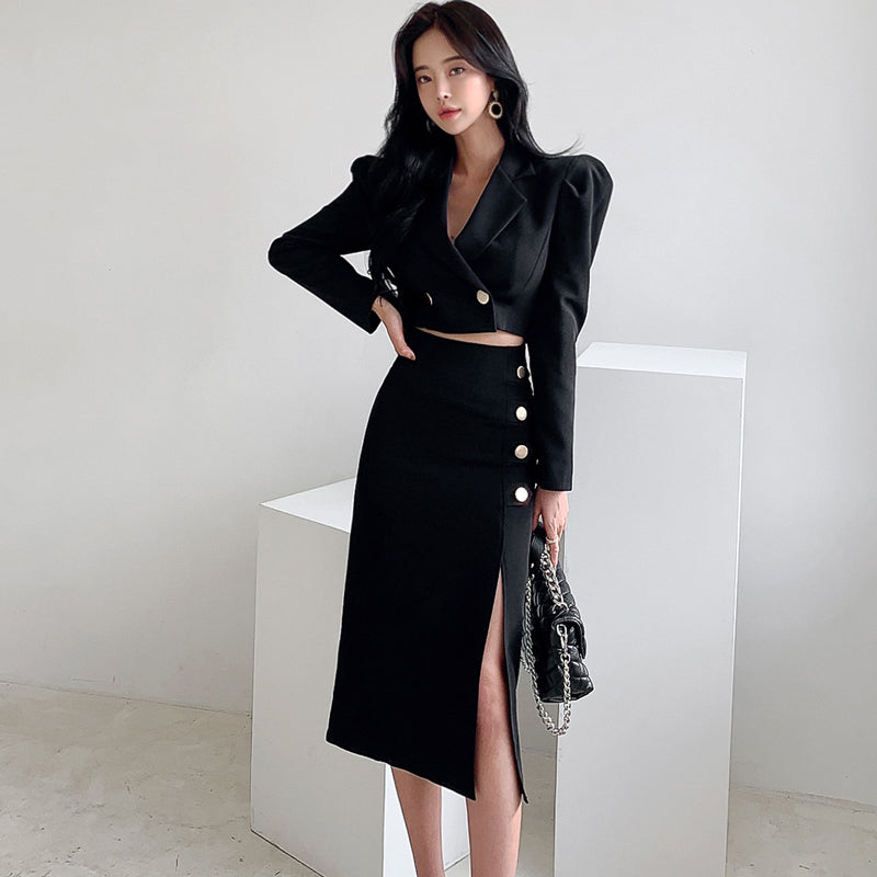 CM-SY034974 Women Elegant Seoul Style Collar Neckline Long Sleeve Crop Jacket Wit Side Slit Skirt - Set