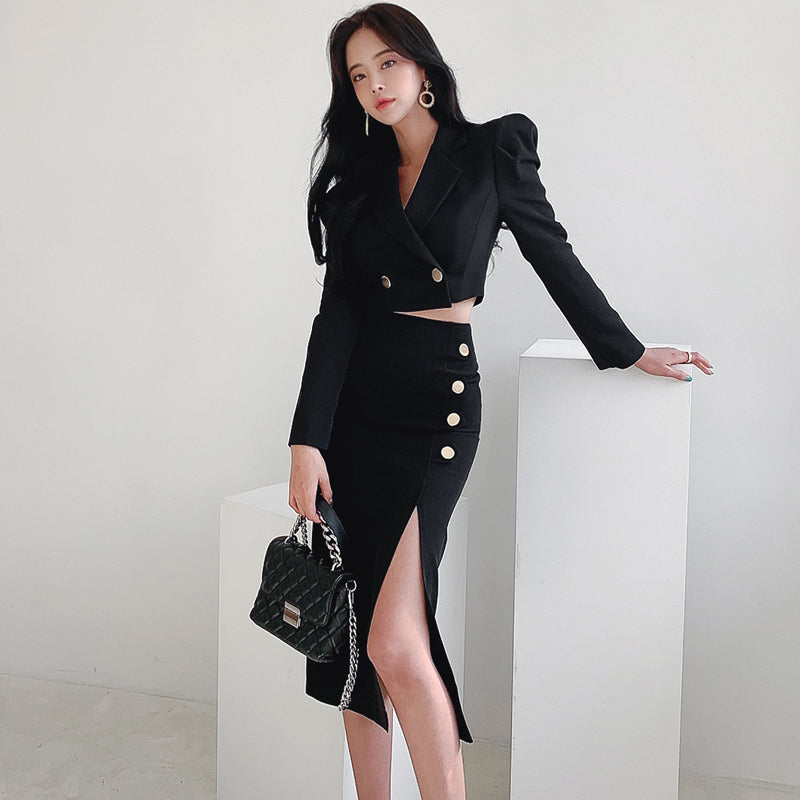 CM-SY034974 Women Elegant Seoul Style Collar Neckline Long Sleeve Crop Jacket Wit Side Slit Skirt - Set