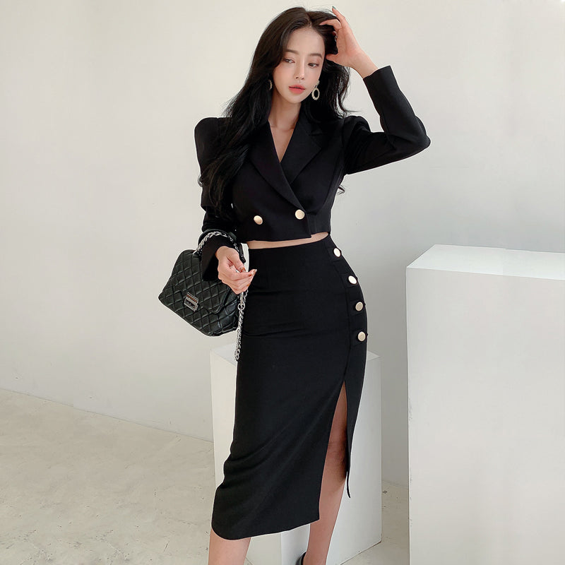 CM-SY034974 Women Elegant Seoul Style Collar Neckline Long Sleeve Crop Jacket Wit Side Slit Skirt - Set