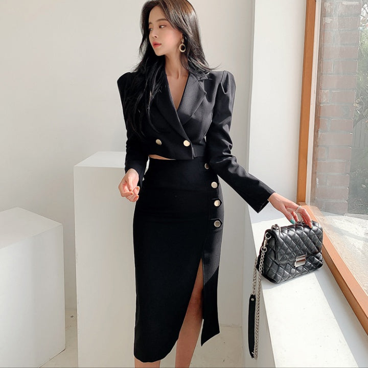 CM-SY034974 Women Elegant Seoul Style Collar Neckline Long Sleeve Crop Jacket Wit Side Slit Skirt - Set