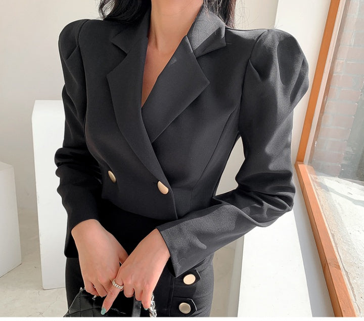 CM-SY034974 Women Elegant Seoul Style Collar Neckline Long Sleeve Crop Jacket Wit Side Slit Skirt - Set