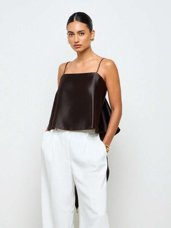 CM-TS962740 Women Casual Seoul Style Satin Spaghetti Strap Drape Backless Top - Coffee Brown